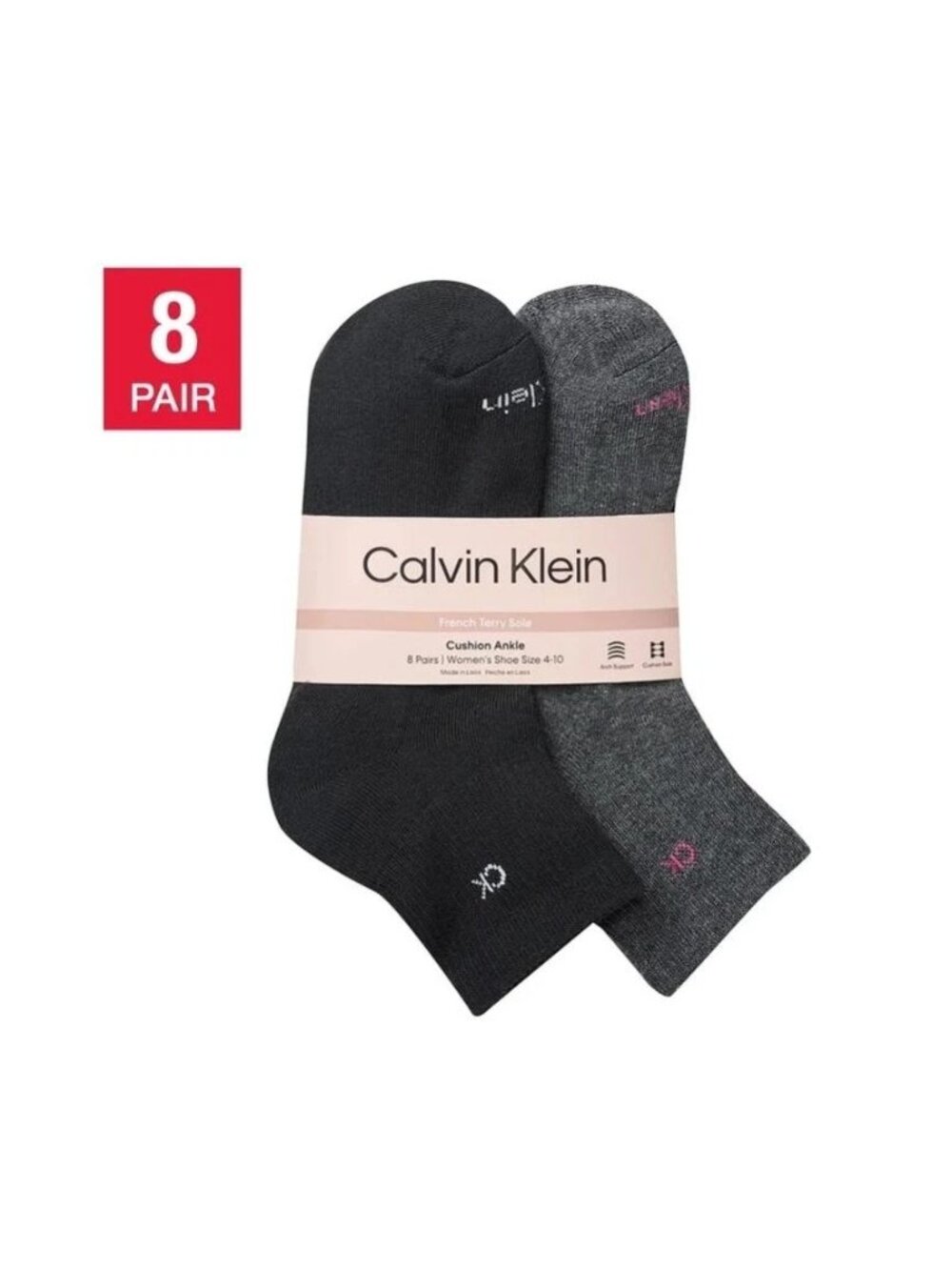 Calvin Klein Womens Cushion Ankle Socks 8-Pair Pack Size 4-10 Black White & Gray